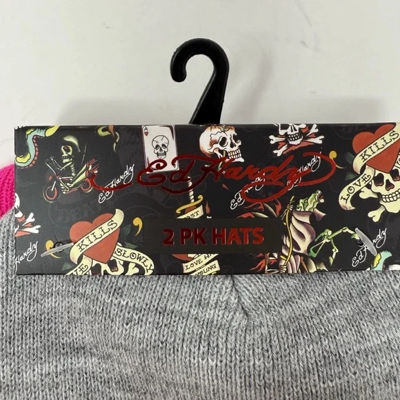Ed Hardy Set of 2 Gray and Pink Beanie Set Love Kills Slowly NWT - Picture 5 of 6